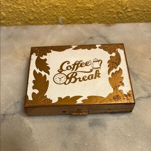 Vintage Coffee Break Tin Pill Box - Gold and White